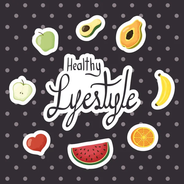 Healthy lifestyle lettering with set icons — Stock Vector