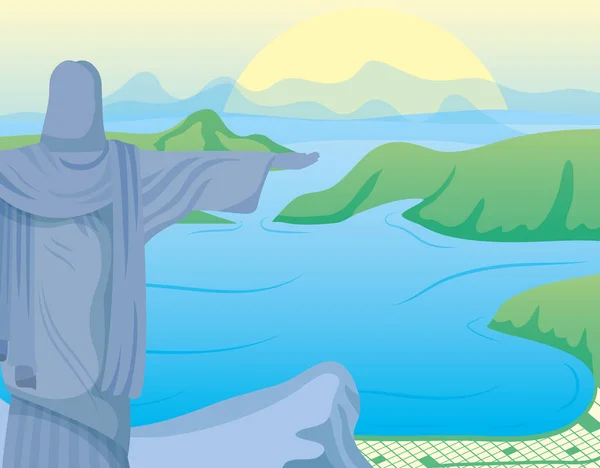 Brasil cartaz de carnaval com corcovade cristo na paisagem — Vetor de Stock