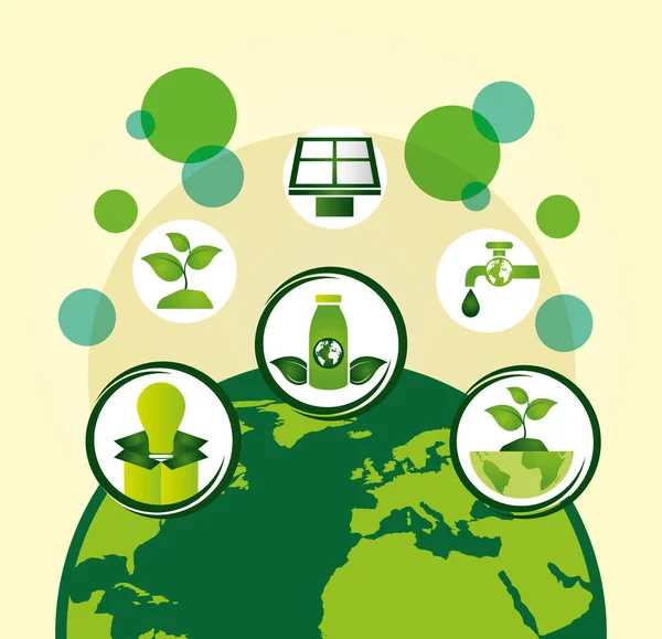 Poster ecologico con pianeta terra e icone set — Vettoriale Stock