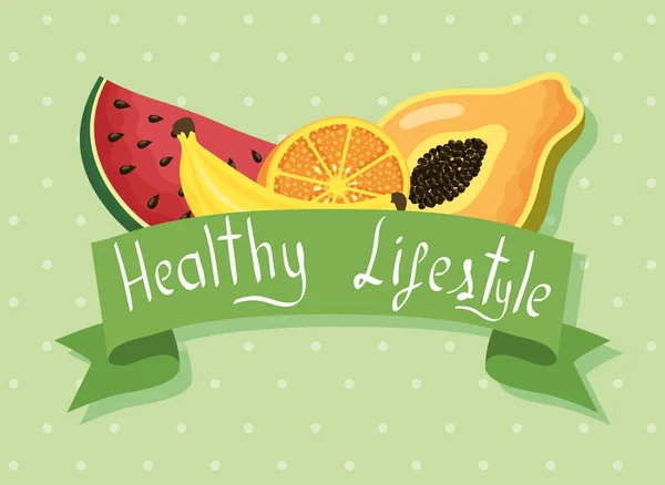 Healthy lifestyle lettering and products — Stock Vector