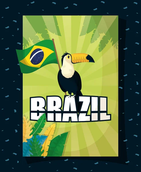 Brazil carnival poster with toucan and flag — Stok Vektör
