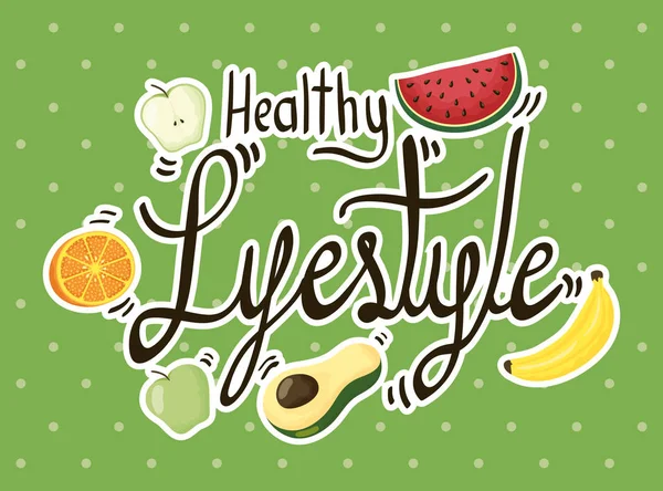Healthy lifestyle lettering and products — 图库矢量图片
