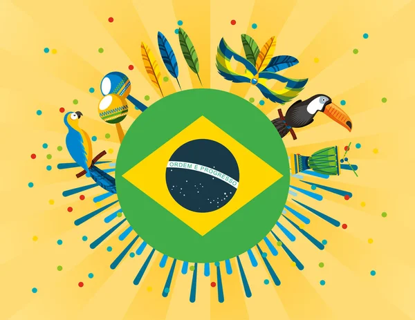 Brazil carnival poster with flag and set icons — Stock Vector