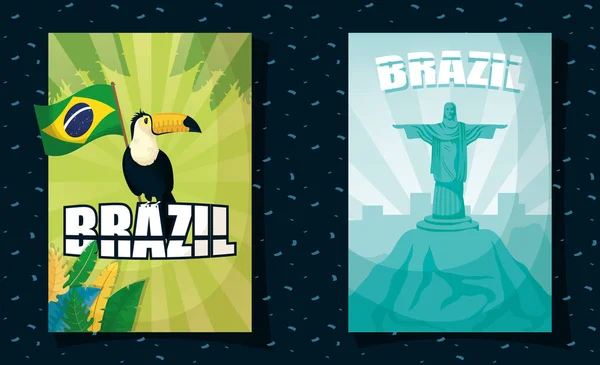 Brasilianisches Karnevalsplakat mit Tukan und Corcovade-Christus — Stockvektor