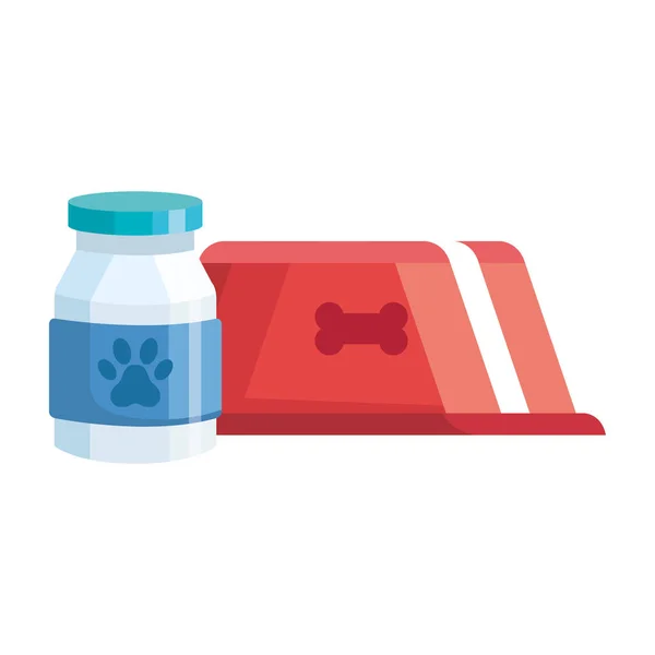 Schotel voor huisdier met fles geneeskunde geïsoleerde pictogram — Stockvector