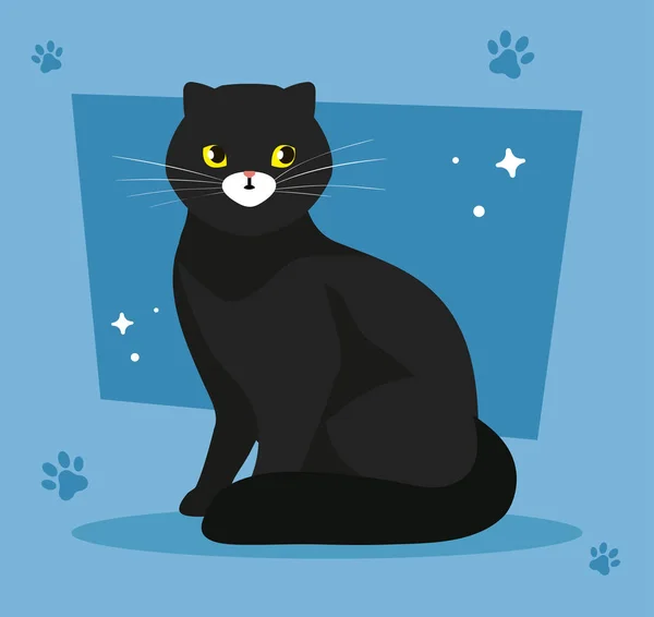 Bonito gato preto no fundo azul com pawprints — Vetor de Stock