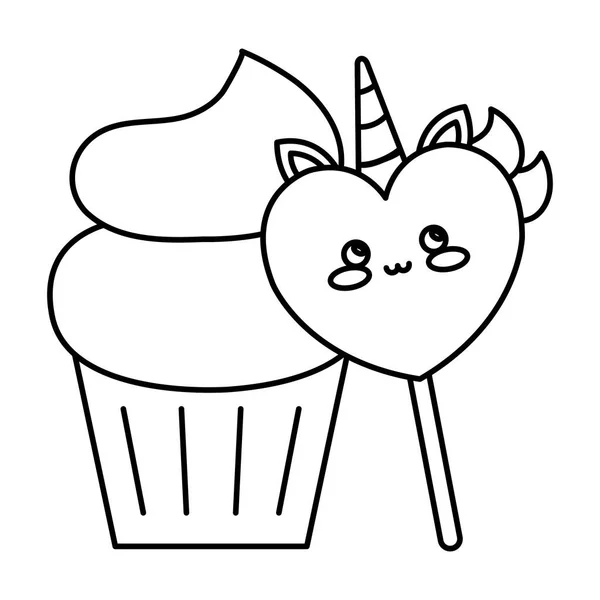 Cute heart unicorn with cupcake kawaii style — Stock vektor