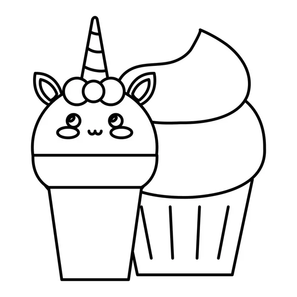 Imut unicorn es krim dengan cupcake - Stok Vektor