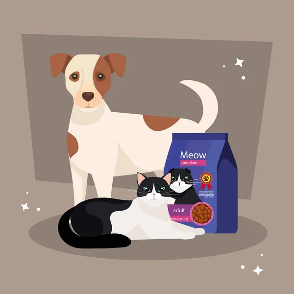 Roztomilý kočka a pes s taškou jídlo — Stockový vektor