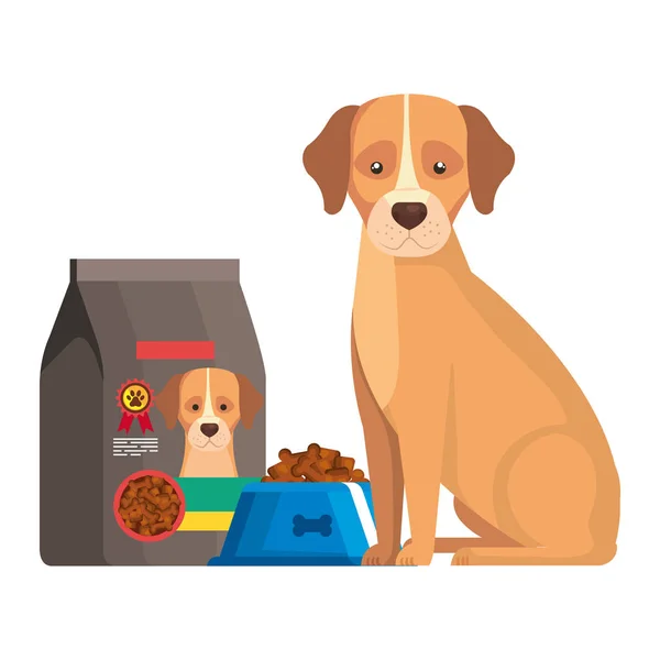 Schattige hond met schotel en zak voedsel geïsoleerde pictogram — Stockvector
