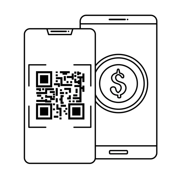 Smartphones with scan code qr and coin — Stockvektor