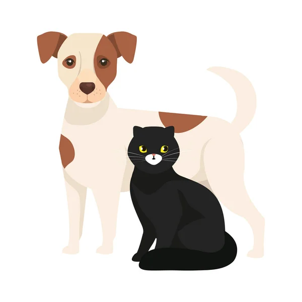 Cute dog with cat black isolated icons — Stock Vector