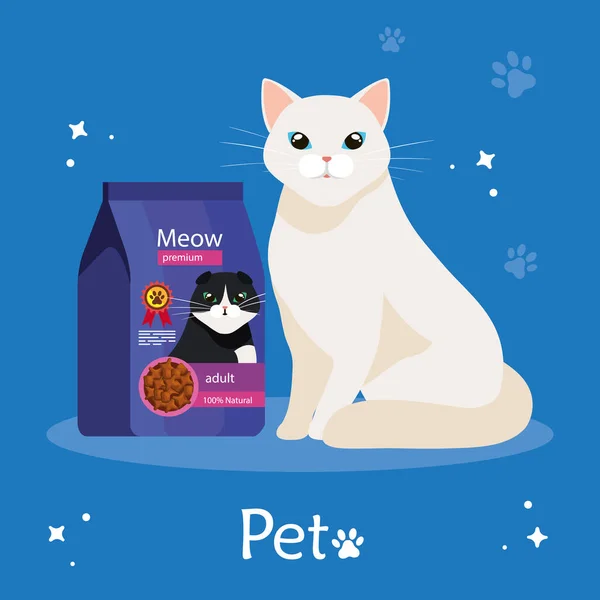 Cute cat white and food bag in background blue — Stok Vektör