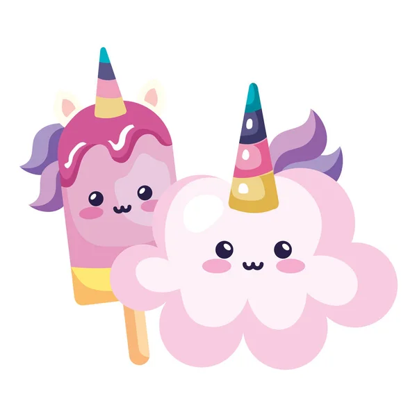 Linda nube y helado unicornio kawaii icono de estilo — Archivo Imágenes Vectoriales