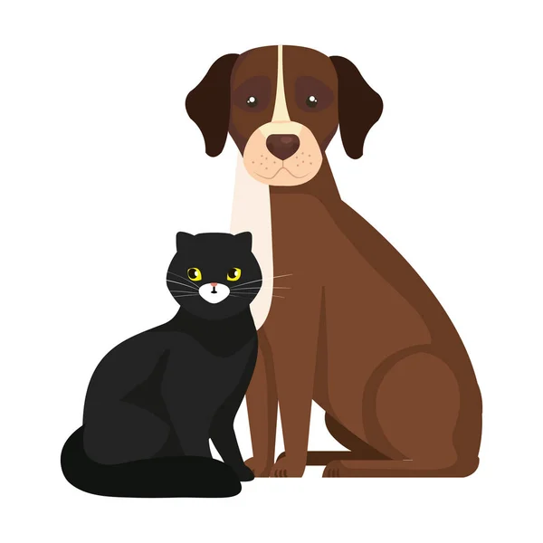 Cute dog with cat black isolated icons — Stock Vector