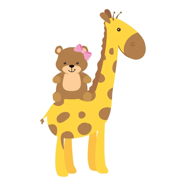 Girafe mignonne avec ours en peluche icône isolée féminine — Image vectorielle