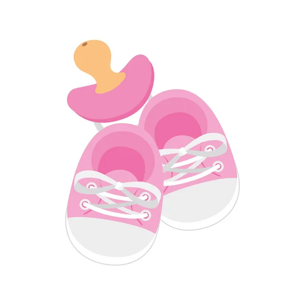 Lindo zapatos bebé con chupete aislado icono — Vector de stock