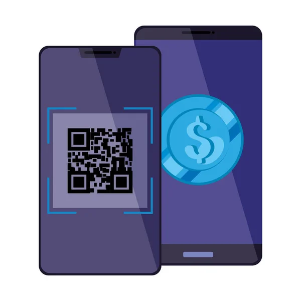 Smartphones with scan code qr and coin — ストックベクタ