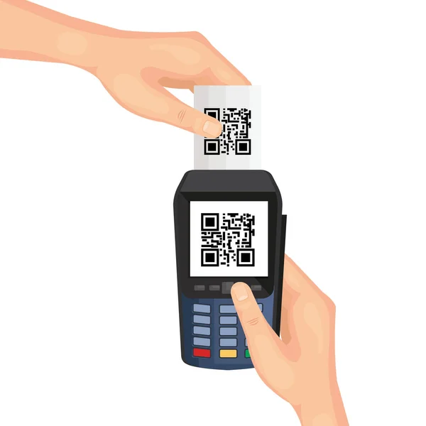 Manos usando el datáfono con el código de escaneo qr — Vector de stock