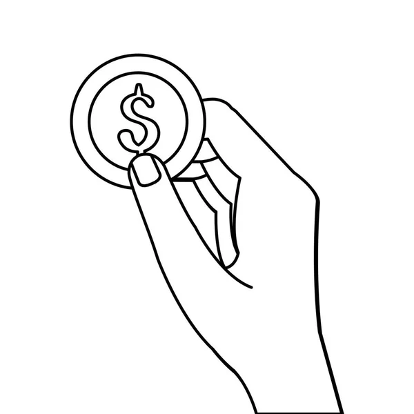 Hand with coin dollar money line style — Stock Vector