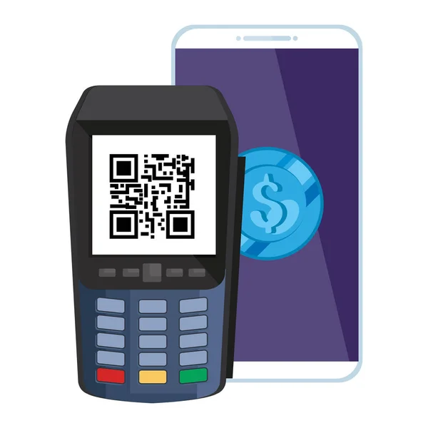 Datáfono con código de escaneo qr y teléfono inteligente con moneda — Vector de stock