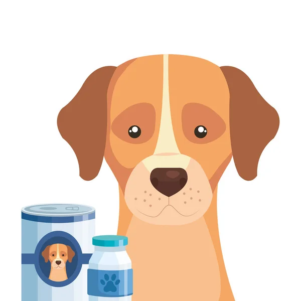 Schattige hond met fles geneeskunde en voedsel — Stockvector
