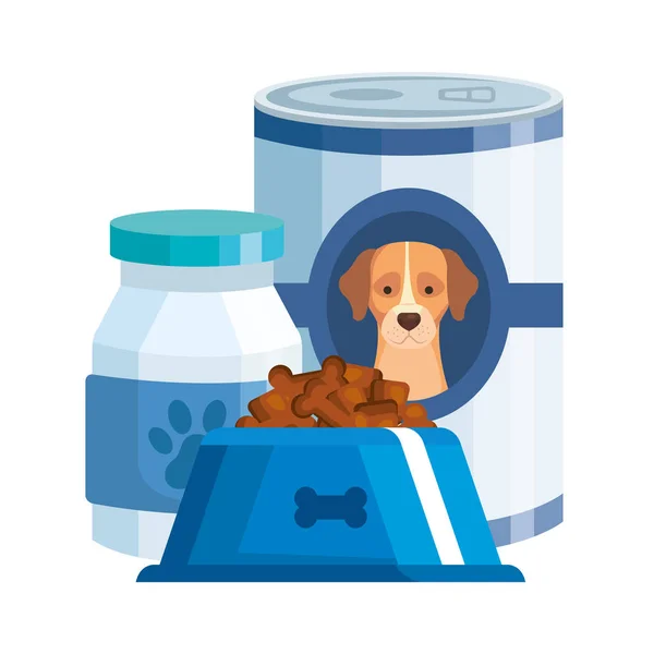Продукты питания и флакон лекарства для собаки изолированный значок — стоковый вектор