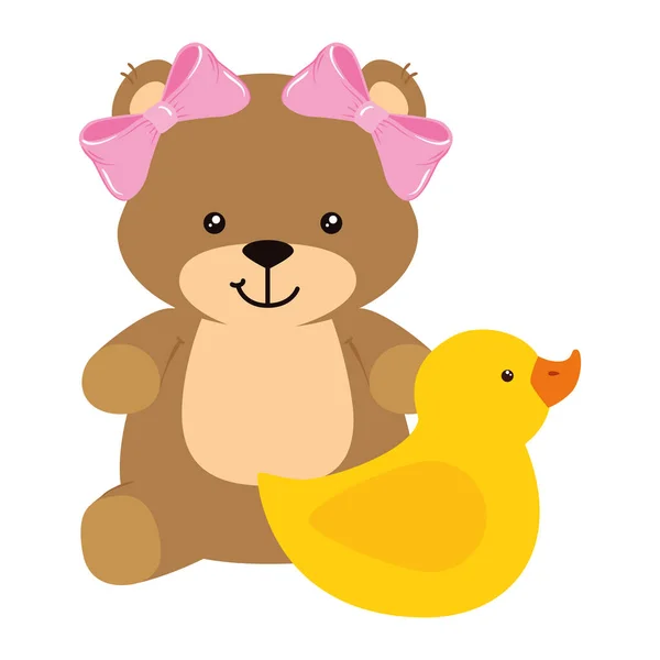Cute duck rubber with teddy bear female — 图库矢量图片