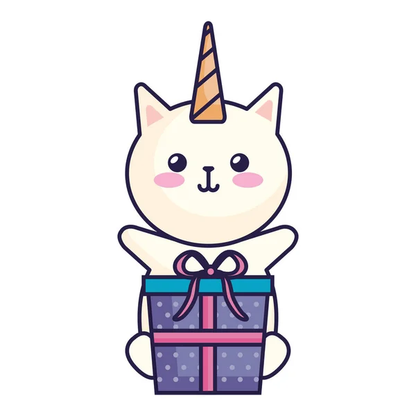 Lindo gato unicornio con icono de caja de regalo — Vector de stock