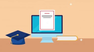 desktop with diploma and hat graduation elearning