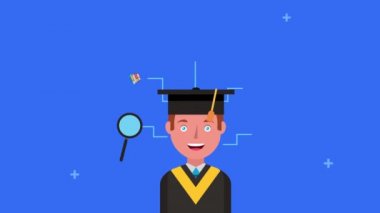 young student boy with elearning icons