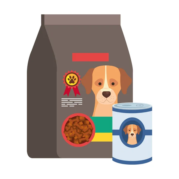 Plechovka a sáček s jídlem pro psa izolované ikony — Stockový vektor