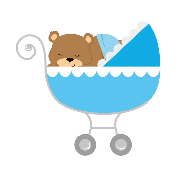 Cute teddy bear in baby cart isolated icon — Stock Vector