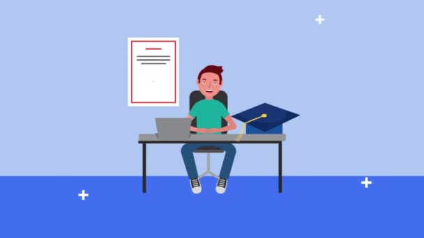 Young student boy with laptop elearning — Stock video