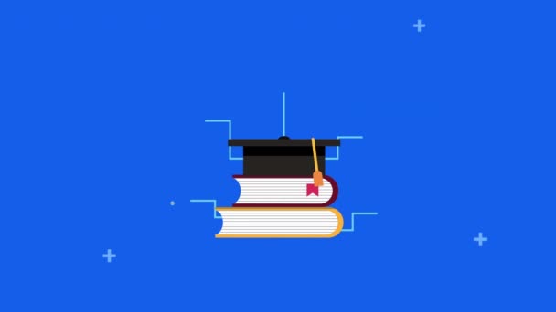 Libros de pila y sombrero de graduación con la comunidad — Vídeo de stock