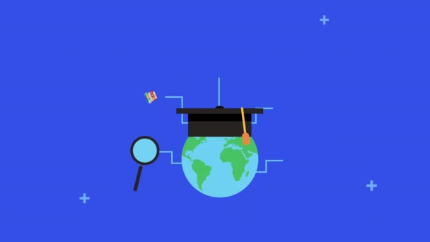 Mundo y la graduación sombrero con iconos elearning — Vídeo de stock