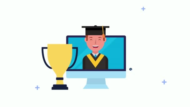 Joven estudiante chico en escritorio elearning — Vídeos de Stock