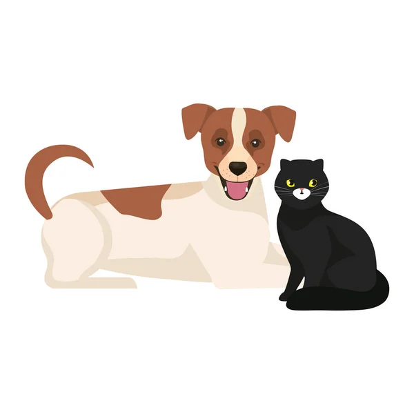 Schattig hond met kat zwart geïsoleerde pictogrammen — Stockvector