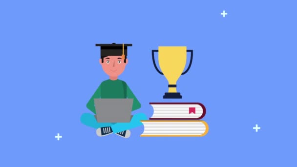 Young student boy with laptop elearning — Wideo stockowe