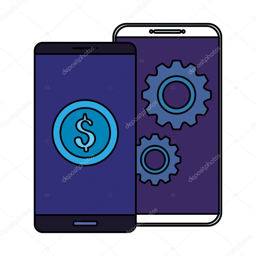 smartphones with coin and gears isolated icon