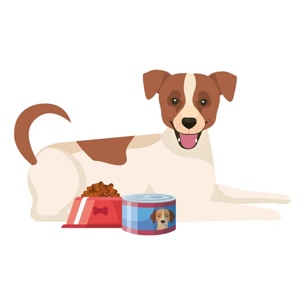 Schattige hond met schotel en kan voedsel geïsoleerde pictogram — Stockvector