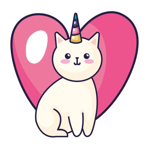 Lindo gato unicornio con corazón icono — Vector de stock