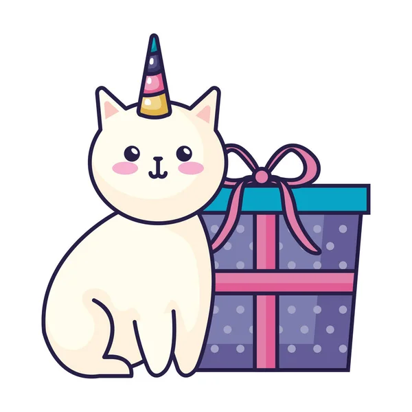 Lindo gato unicornio con icono de caja de regalo — Vector de stock