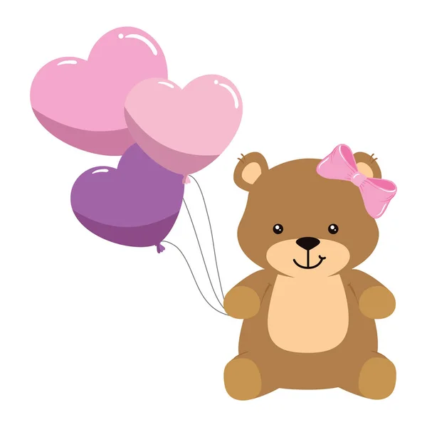 Teddy bear female with balloons helium in heart shape — Stockvector