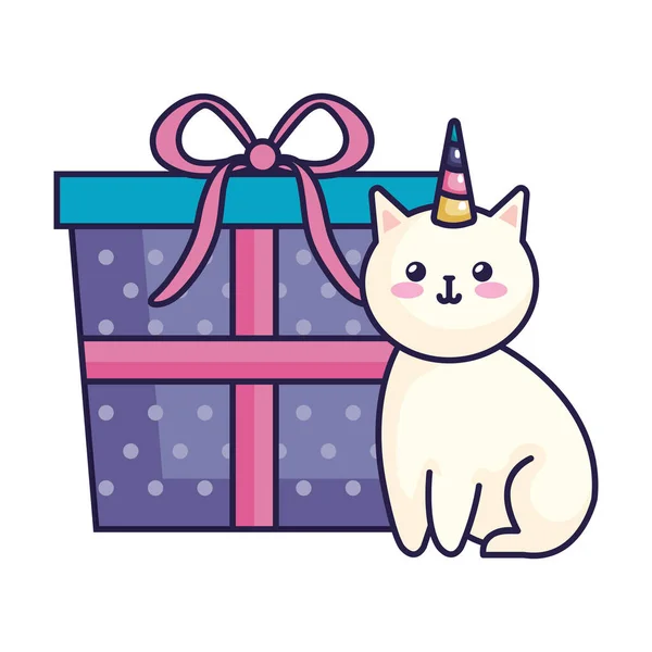 Niedliche Katze Einhorn mit Geschenk-Box-Symbol — Stockvektor