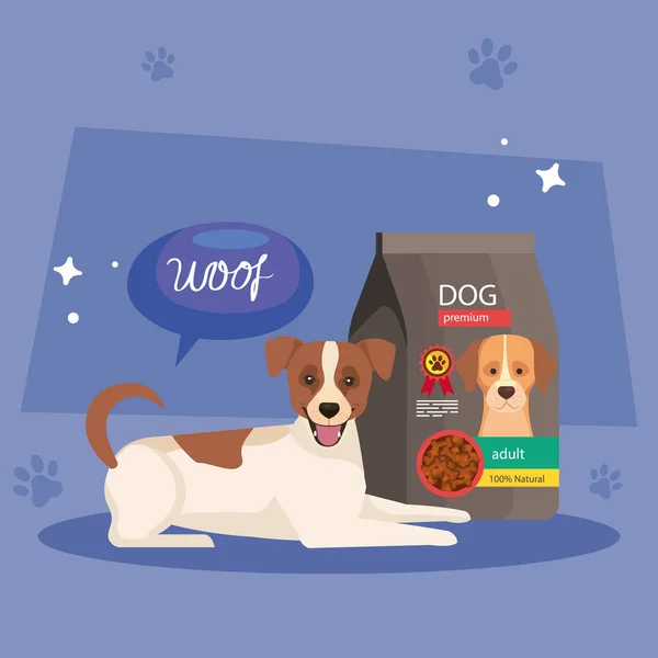 Cute dog and bag food in background with pawprints — Wektor stockowy