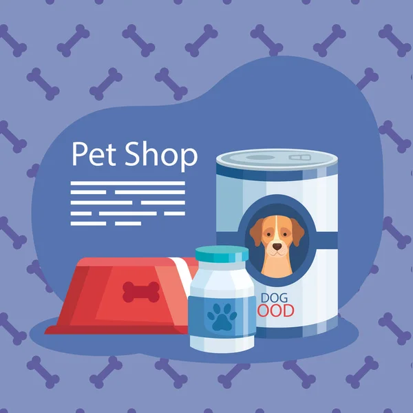 Pet shop with food dog can and icons — Stockvector