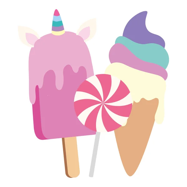 Cute and delicious ice creams with lollipop — Stockový vektor