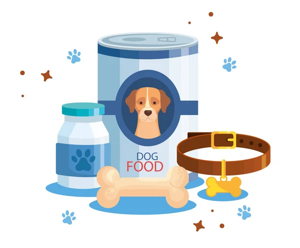 Comida para cão em lata com ícones — Vetor de Stock