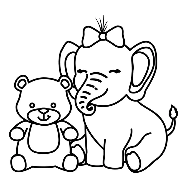 Cute elephant female with bear isolated icon — Stockvector